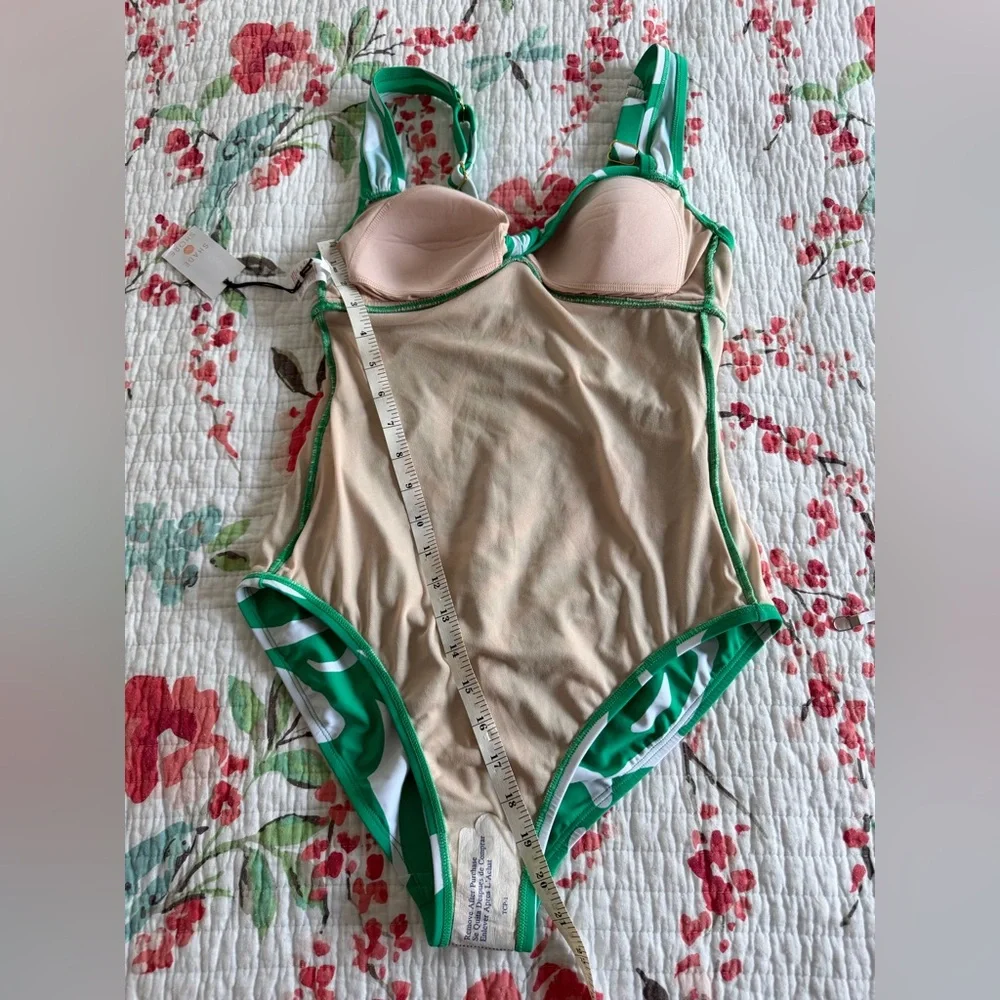 Shade shore one piece bathing suit in white and green with gold tone design - Picture 4 of 10